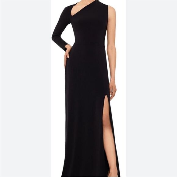 NWT Betsy & Adam Long Jersey Asymmetrical Sleeve Gown - Picture 1 of 10